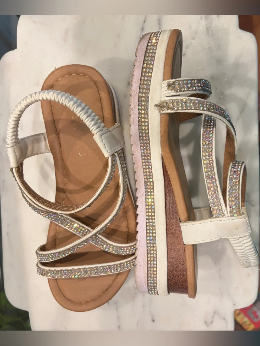 Link White Girls' Rhinestone-Strap Platform Sandals